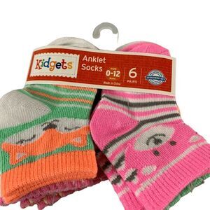 Kidgets Infant girls 0-12 months 6 pack multi color cartoon face ankle socks